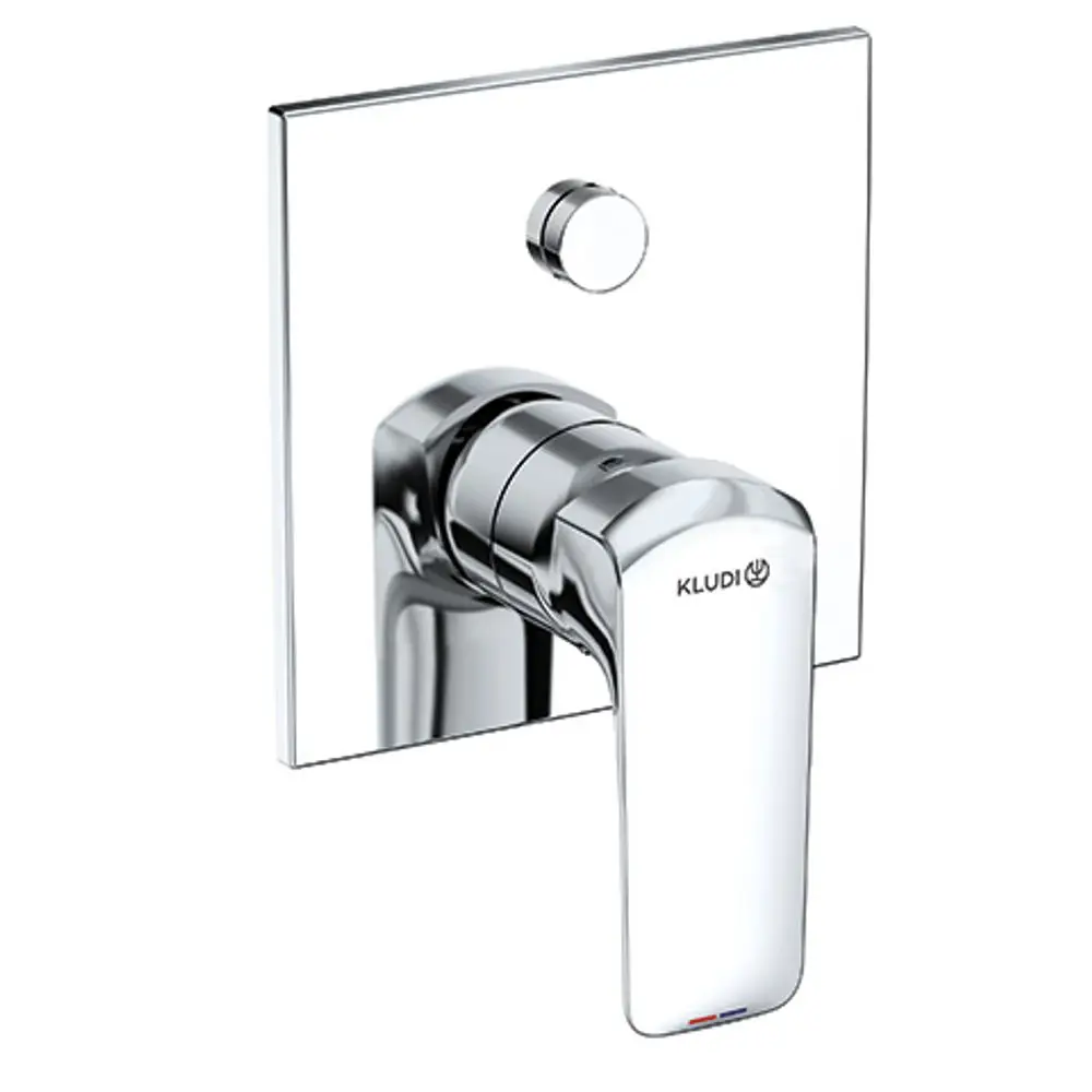 Wandmontierter Wasserhahn mit einem verchromten Hebel und einer runden Steuerungsknopf, designed von Kludi für moderne Badezimmeranwendungen.